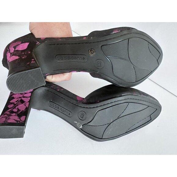 LIZ CLAIBORNE DARK BLUE PURPLE FLORAL ANKLE STRAP PUMPS WINNIE 8W WHIMSY READ - Picture 8 of 11